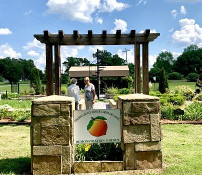 Demonstration garden sign with Chilton County Master Gardener logo of peach