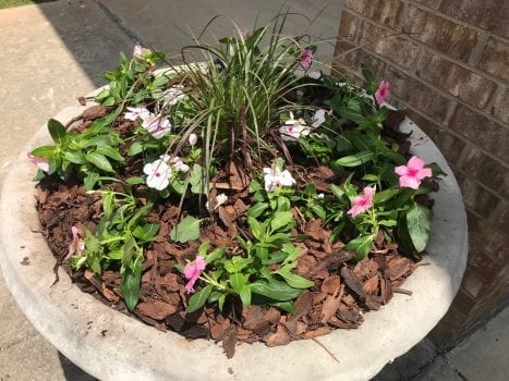 Cement planter in Jemison with pink and white flowers